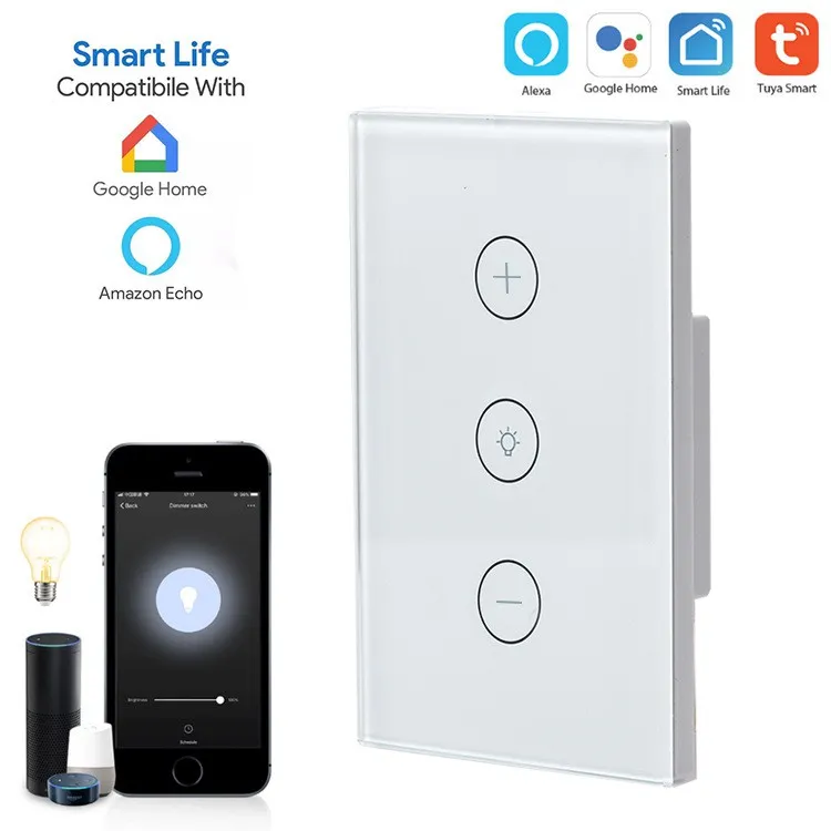 Công tắc Tuya Wifi Dimmer 3 nút – kính phẳng – Trắng - AKIA Smart Home