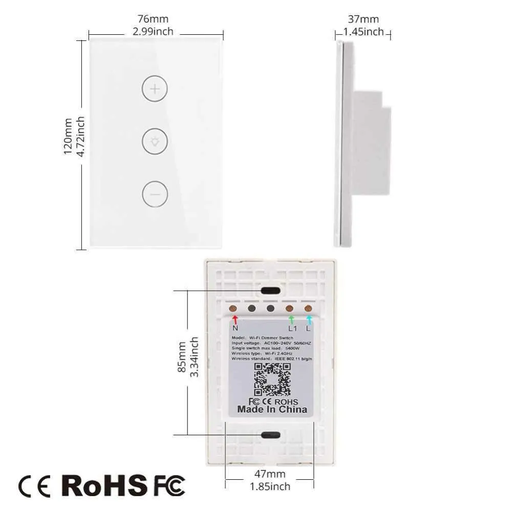 Công tắc Tuya Wifi Dimmer 3 nút – kính phẳng – Trắng - AKIA Smart Home