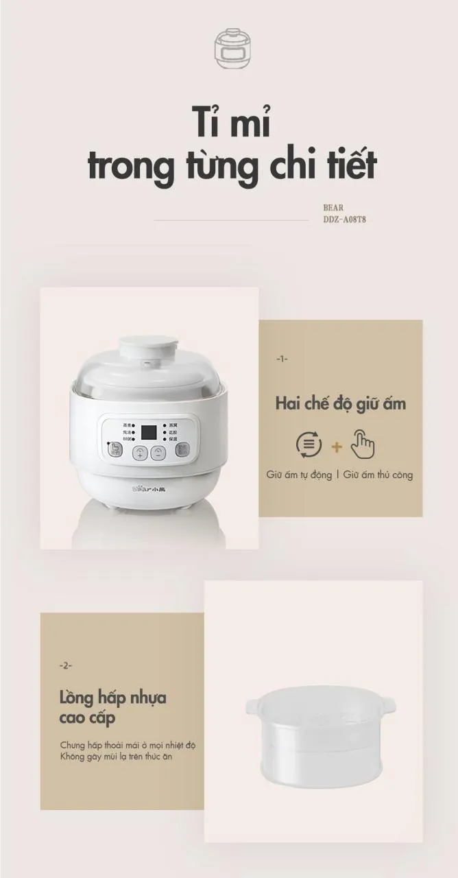 Nồi Nấu Chậm Đa Năng Bear Ddz-A08T8 - Trắng Nồi Nấu Chậm Đa Năng Bear Ddz-A08T8 - Trắng