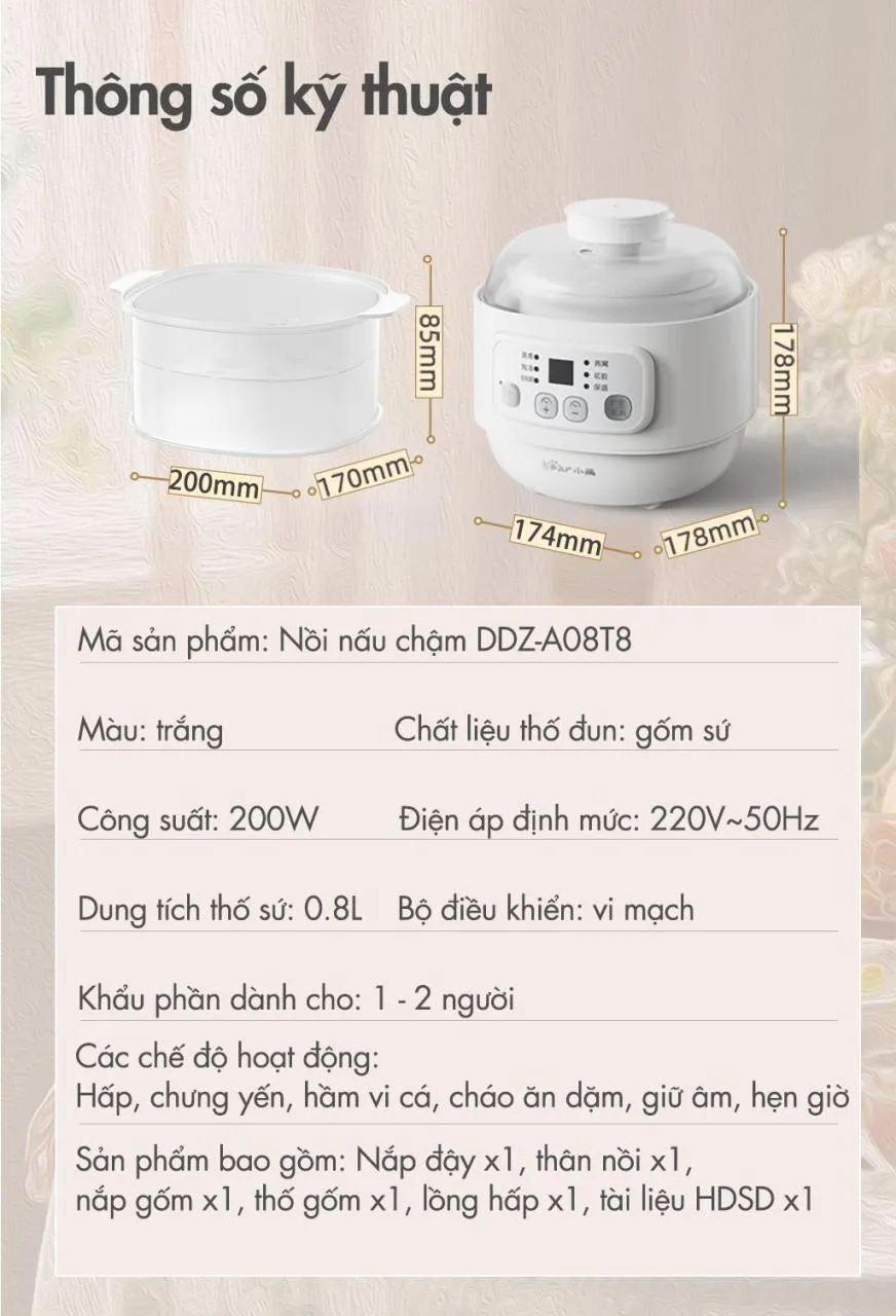 Nồi Nấu Chậm Đa Năng Bear Ddz-A08T8 - Trắng Nồi Nấu Chậm Đa Năng Bear Ddz-A08T8 - Trắng