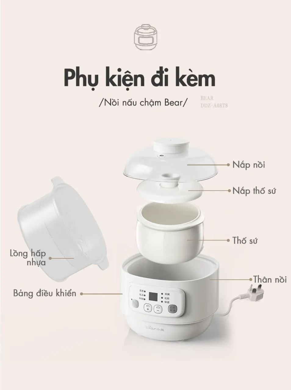 Nồi Nấu Chậm Đa Năng Bear Ddz-A08T8 - Trắng Nồi Nấu Chậm Đa Năng Bear Ddz-A08T8 - Trắng