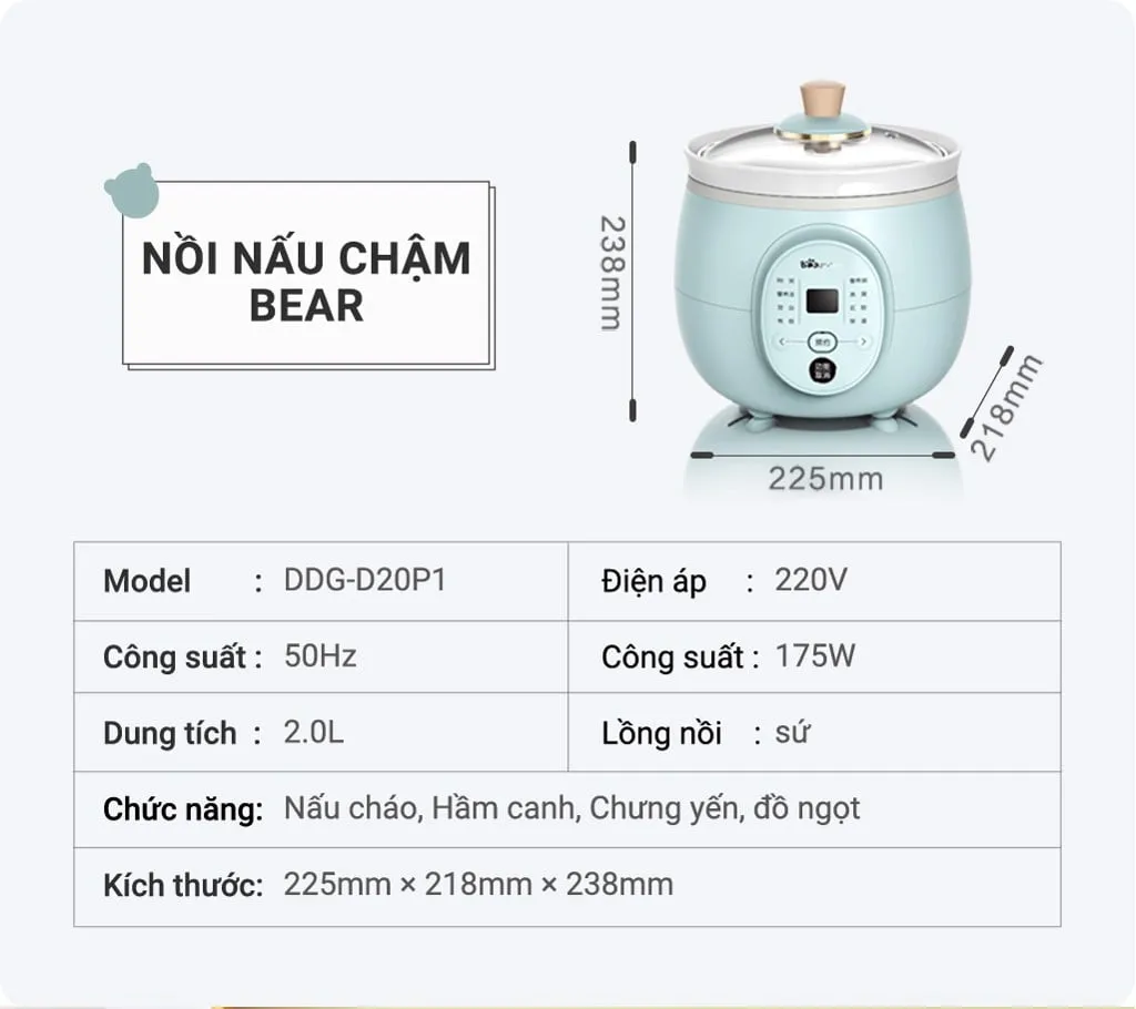 Nồi Nấu Chậm Bear Ddg-D20P1 Nồi Nấu Chậm Bear Ddg-D20P1