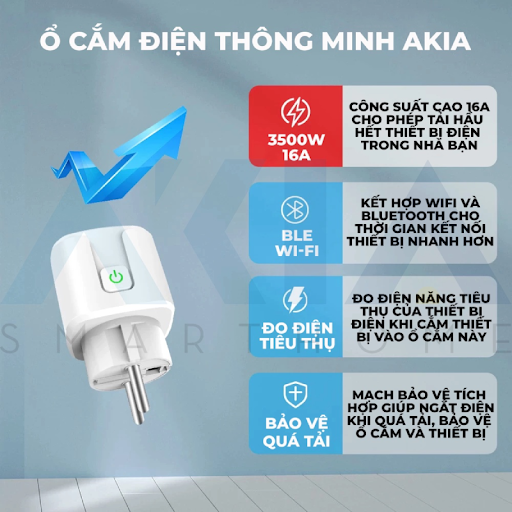 Ổ Cắm Wifi Thông Minh Akia 3500W 16A – Tuya Smart Plug