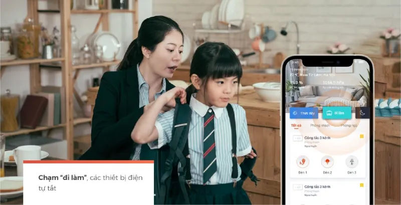 Công Tắc Thông Minh Vconnex Wifi - Không Viền Cao Cấp 31 Bạn Có Thể Thiết Lập Ngữ Cảnh Cho Công Tắc Thông Minh Vconnex: Chạm “Đi Làm” - Các Thiết Bị Điện Sẽ Tự Động Tắt