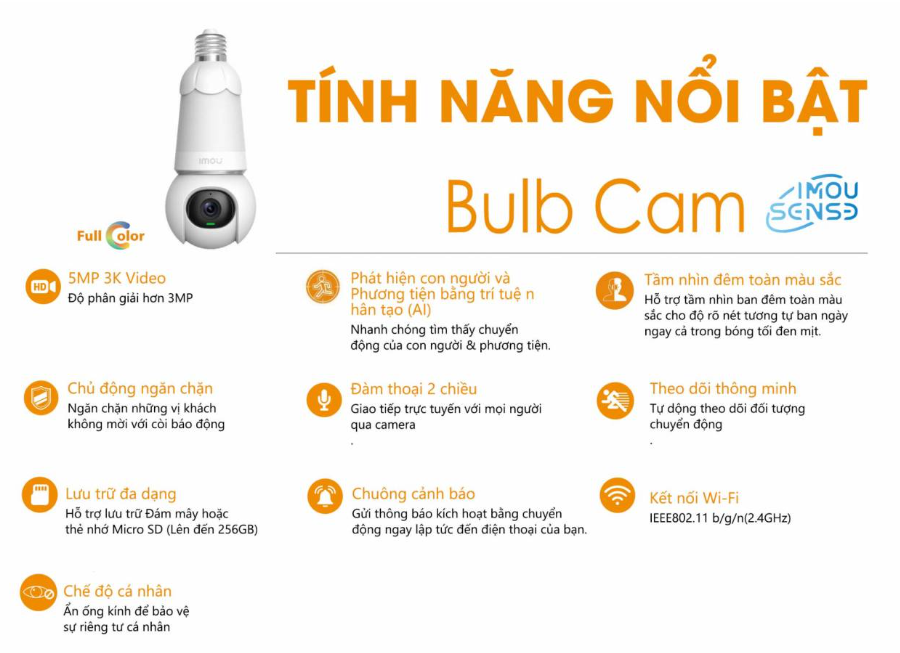 Camera Bóng Đèn Imou Ipc-S6Dp-3M0Web-E27 2K 3Mp Bulb Cam Wifi Xoay 360 Độ