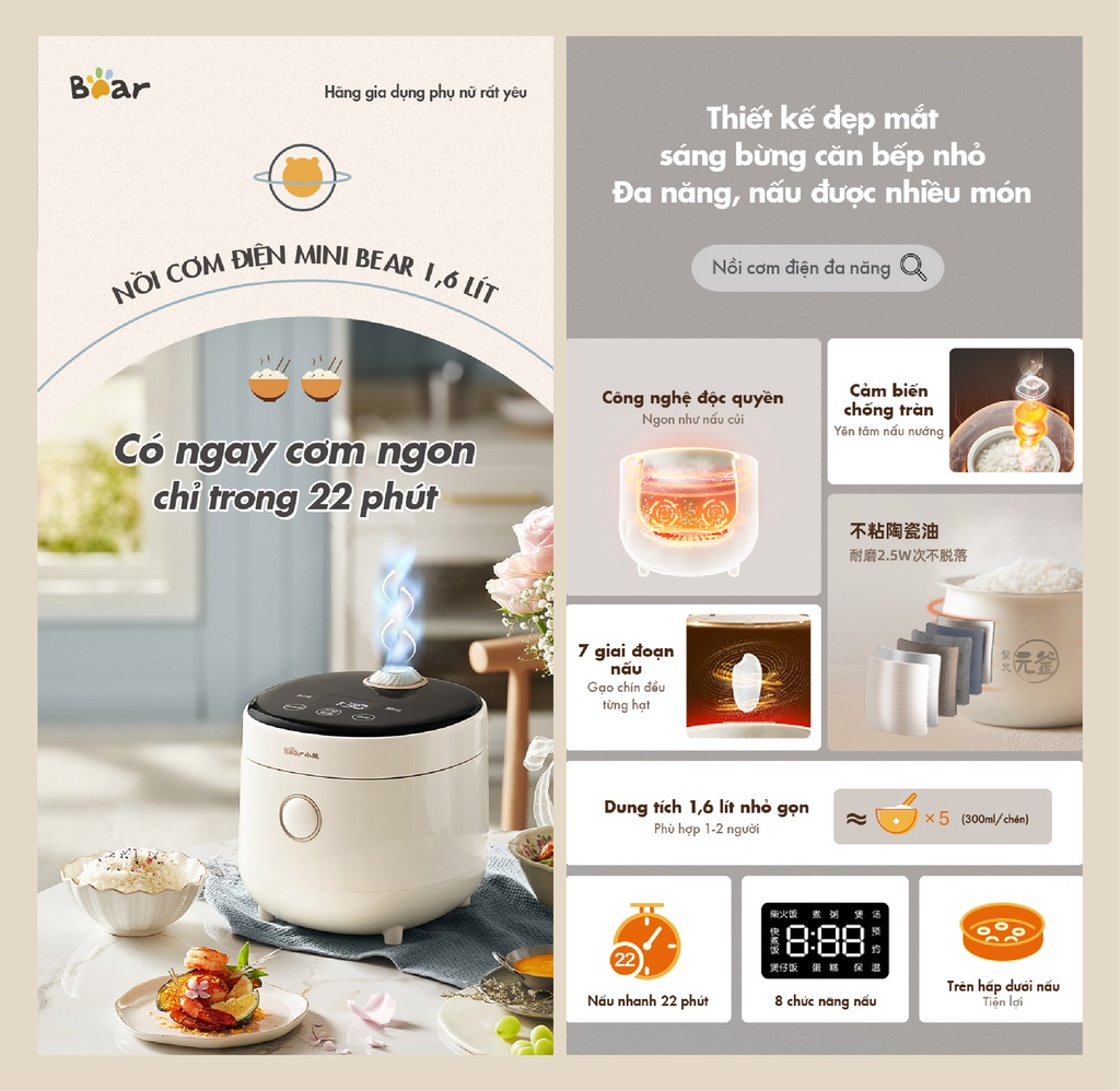 Nồi Cơm Điện Mini 1.6L Bear Dfb-C16K1 Nồi Cơm Điện Mini 1.6L Bear Dfb-C16K1