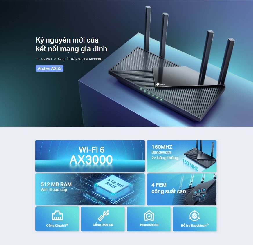 Bộ Phát Wifi Tp-Link Archer Ax55 Chuẩn Wifi 6 Ax3000 - Akia Smart Home