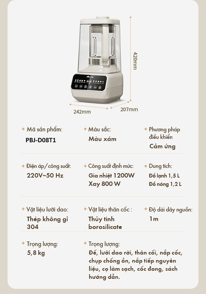 Máy Làm Sữa Hạt Đa Năng Bear Pbj-D08T1