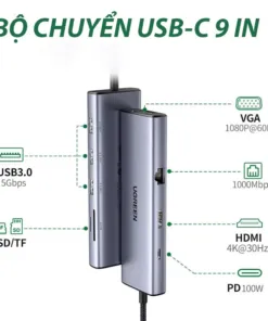 Hub chuyển đổi Type C Ugreen 15600 Sạc PD 100W, HDMI 4K@30Hz, Ethernet, USB 3.0 sang 3 cổng USB-A 3.0, VGA, RJ45 1.0Gbps, SD/TF | AKIA