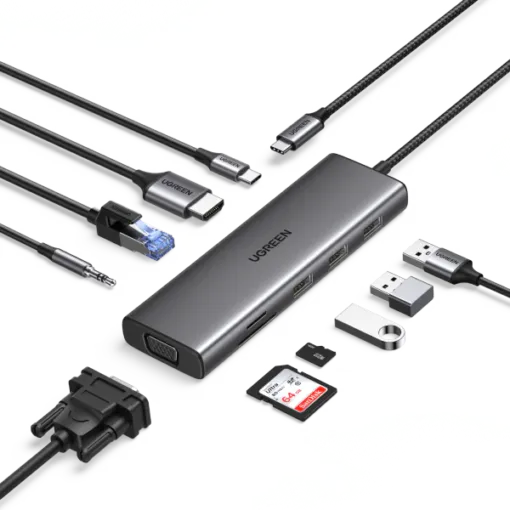 Hub Ugreen chuyển đổi Type C 15601 USB-C sang 3xUSB-A 3.0 + HDMI + VGA+ RJ45(LAN) + SD/TF +3.5mm+PD 4K30Hz