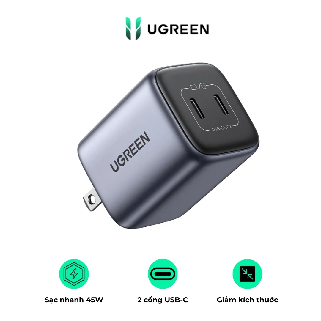 Sạc nhanh Ugreen Nexode GaN 45W 2 cổng USB-C