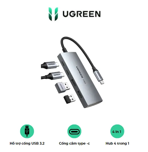 Bộ chia USB-C Ugreen 30758 – 2 cổng USB-A 3.2, 2 cổng USB-C 3.2, tốc độ 10Gbps
