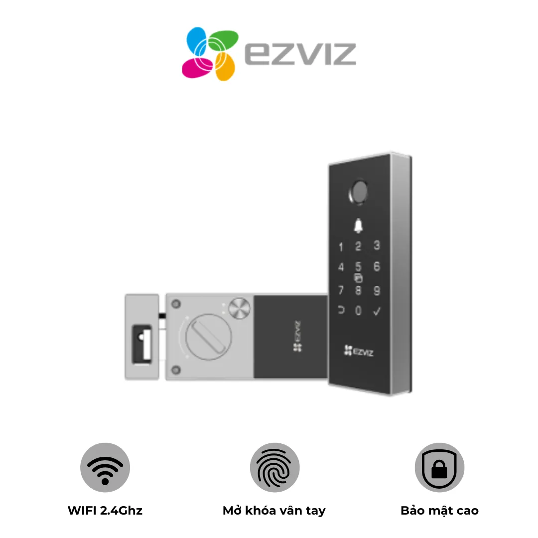 Khóa cửa thông minh EZVIZ DL03 Pro – Hỗ trợ mở khóa bằng vân tay, mật khẩu, thẻ từ và ứng dụng di động, kết nối Wi-Fi 2.4 GHz, tích hợp camera EZVIZ