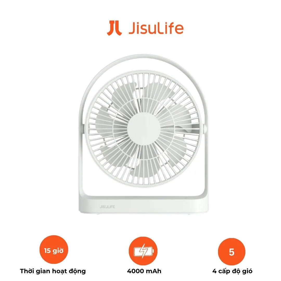 Quạt Tích Điện Để Bàn JISULIFE FA19 - Xoay 330°, Pin 4000mAh 15 Giờ, 4 Tốc Độ Gió, Đèn Ngủ LED