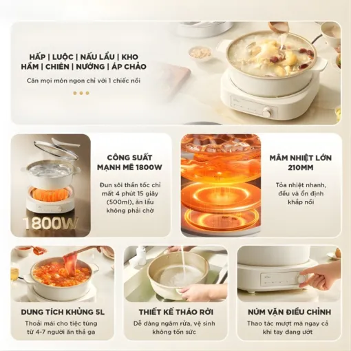 Nồi lẩu đa năng có thể hấp, nướng Bear 8,5L HOP-505QT