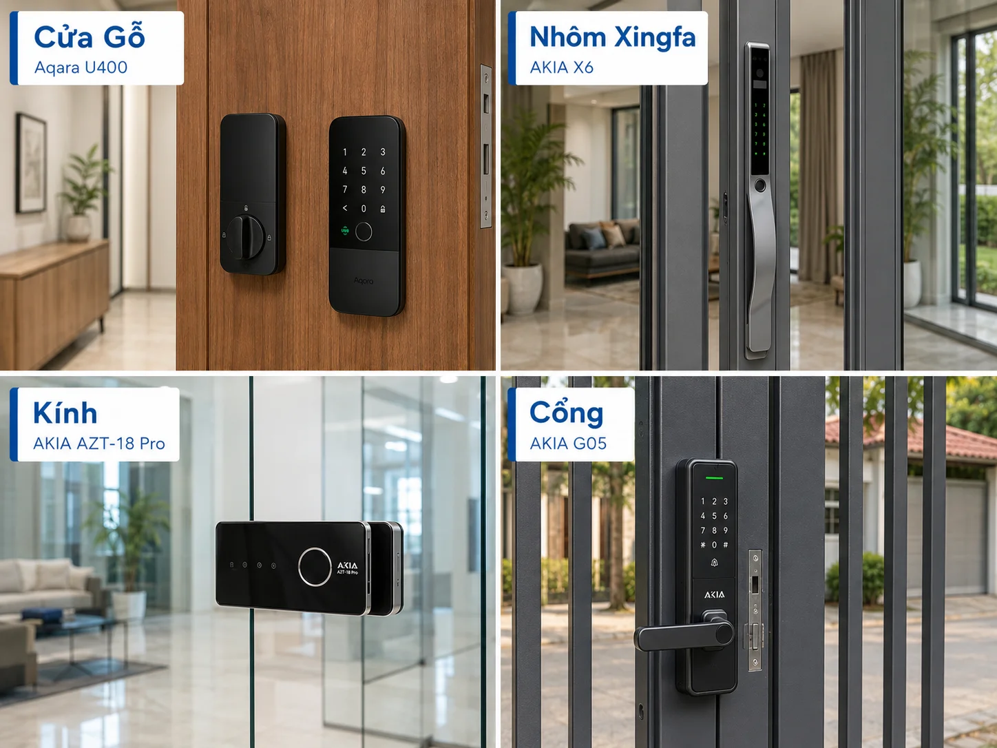Các Loại Khóa Thông Minh: 5 Công Nghệ &Amp; Cách Chọn 11 Khóa Lắp Trên Cửa Gỗ, Nhôm Xingfa, Kính, Cổng — 4 Loại Cửa Phổ Biến Và Khóa Thông Minh Phù Hợp Cho Từng Loại — Akia Smart Home Tháng 6/2026